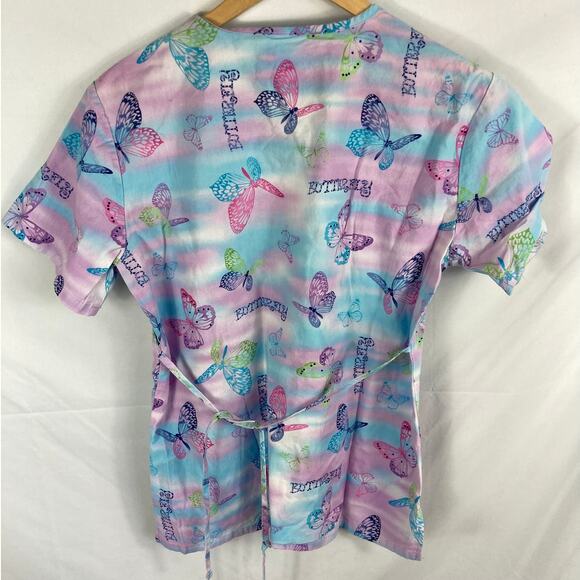 SB Scrubs Butterfly Short Sleeve Spring Summer Colorful Scrub Top Size XS - Picture 4 of 4